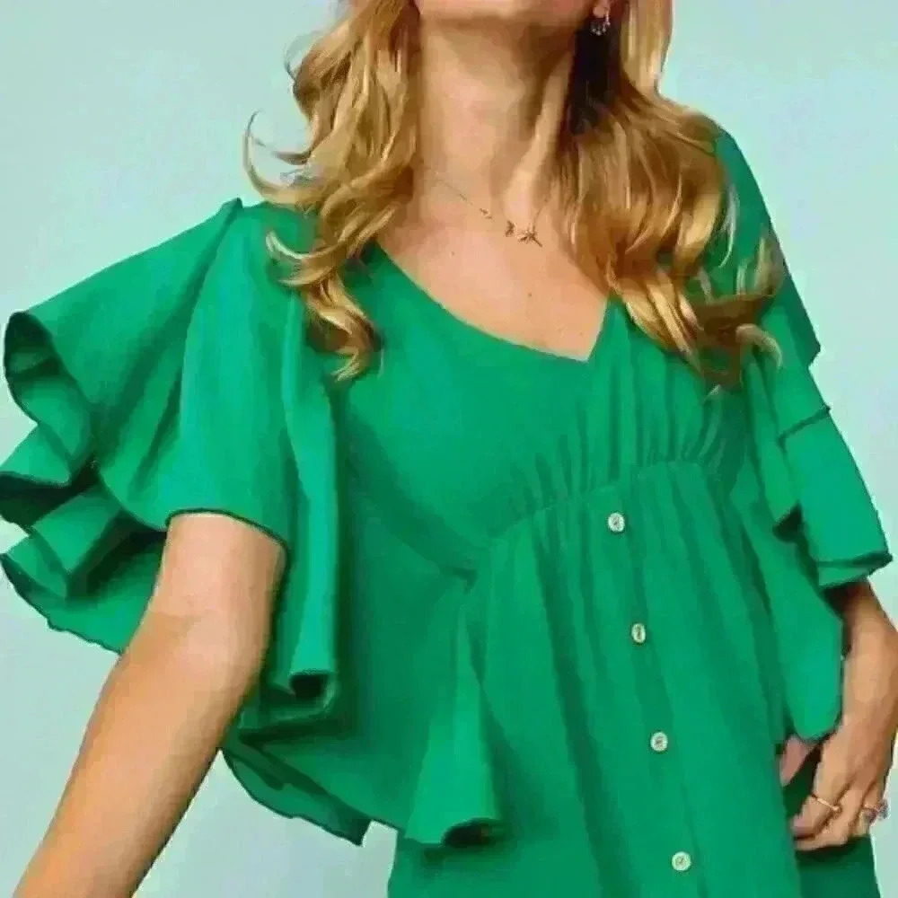 Kelly Green Flutter Sleeve‎ Babydoll Peplum Top - Picture 4 of 4